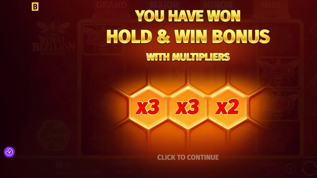 Tampilan visual permainan slot Royal Beellion Hold & Win dengan tema lebah dan sarang madu